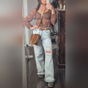 Wild Oak Boutique x Risen Distressed Flare Jeans Light Wash High Rise Trendy Den